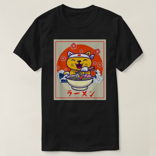 Camiseta Ramen Cute Cat Kawaii Anime Japanese Food Neko Tee (Frente do Design)