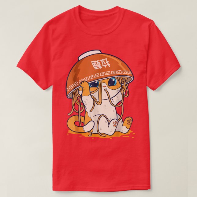 Camiseta Ramen Neko Cat Comendo Noodles Anime Comida Japonê (Frente do Design)