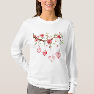 Camiseta Ramo de Rosas Cor-de-Rosa em Aquarela com Corações
