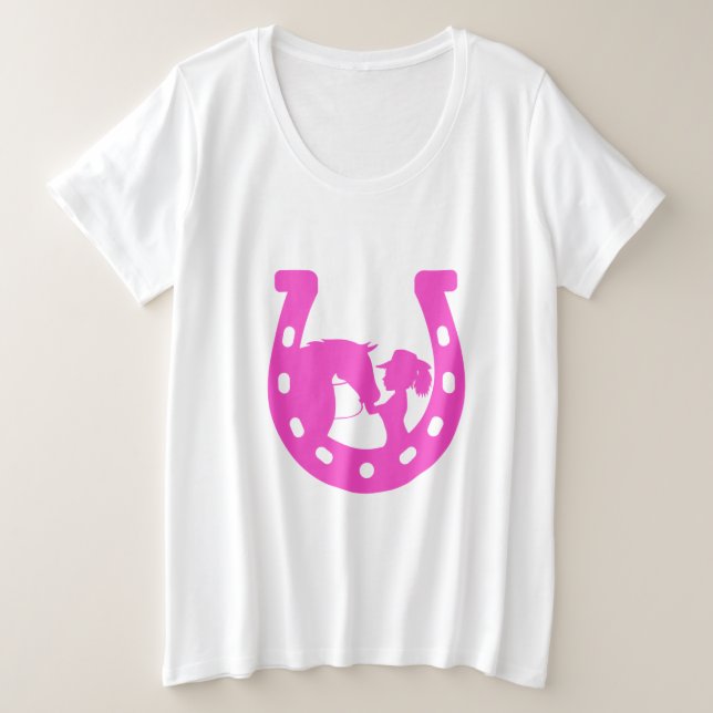 Camiseta Rapariga com Cavalo e Ferradura Rosa Quente do Cha (Frente do Design)