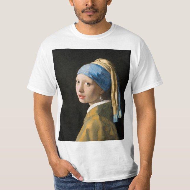 Camiseta Rapariga com pérolas a ouvir por Johannes Vermeer (Frente)