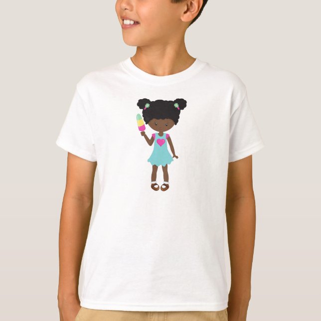 Camiseta Rapariga com Sorvete, Afro-Americana, Vestida (Frente)