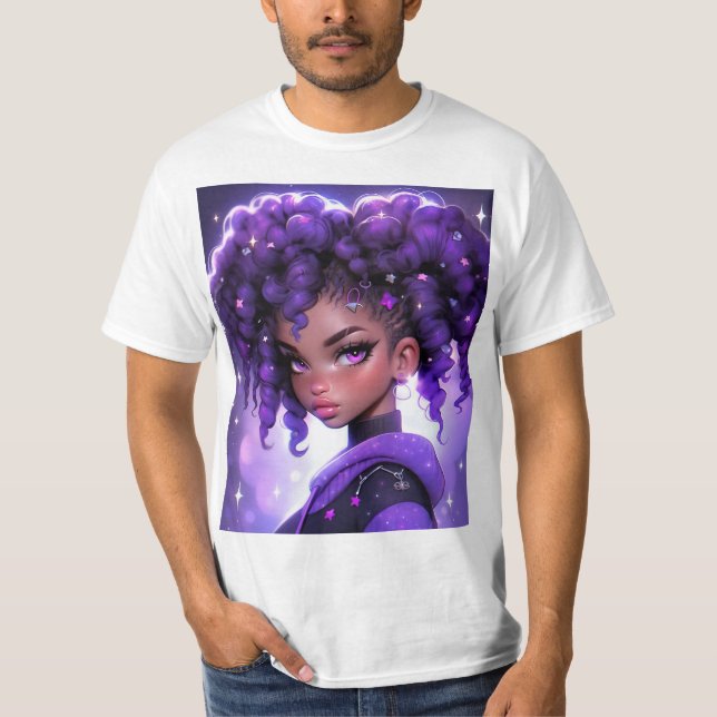Camiseta Rapariga da Galáxia Roxa com Cabelo Curvo (Frente)