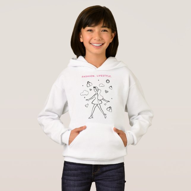 Camiseta Rapariga da Moda - Desenho em Preto, Branco e Rosa (Frente Completa)