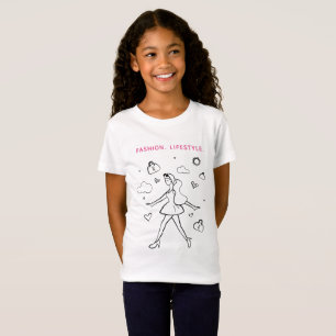 Camiseta Rapariga da Moda - Desenho em Preto, Branco e Rosa