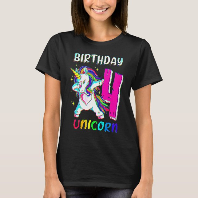 Camiseta Rapariga de 4 anos bebendo Unicórnio 4.º aniversár (Frente)