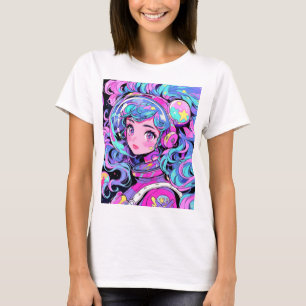 Camiseta Rapariga de Animação do Espaço Azul e Rosa do Past