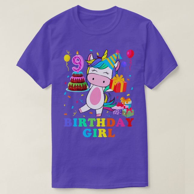 Camiseta Rapariga de aniversário de 9 anos Unicórnio (Frente do Design)