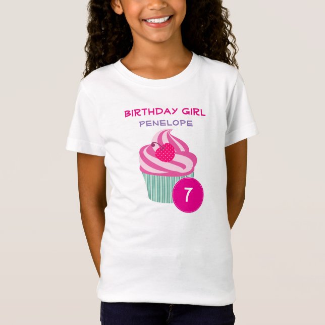 Camiseta Rapariga de aniversário de Cupcake rosa personaliz (Frente)