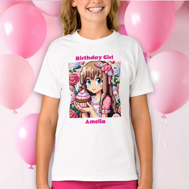 Camiseta Rapariga de aniversário rosa da Pixel Art Personal (Criador carregado)