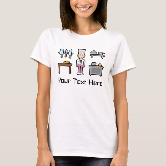 Camiseta Rapariga de Chef de Pixel de Texto Personalizado (Frente)