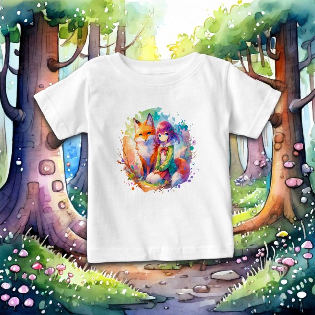Camiseta Rapariga e Raposa bonito de Aquarela (Criador carregado)