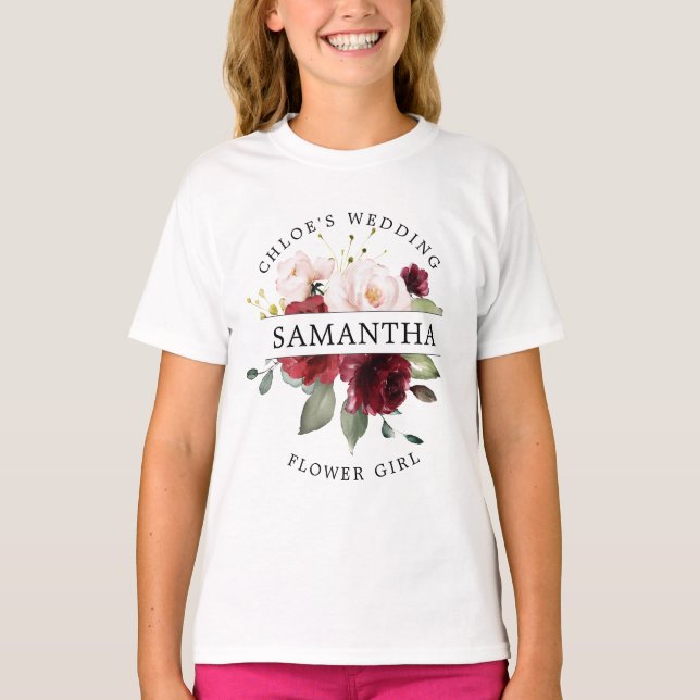 Camiseta Rapariga Flor Rosa-Rosa-Blush Vermelha Burgunta (Frente)