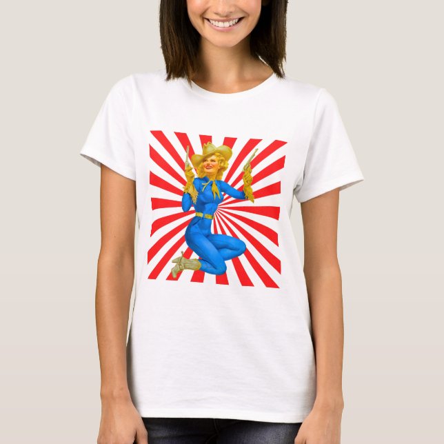 Camiseta Rapariga loira retrô em botas ocidentais (Frente)