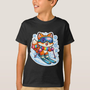 Camiseta Rapariga raposa de desenho animado fofa esquiando