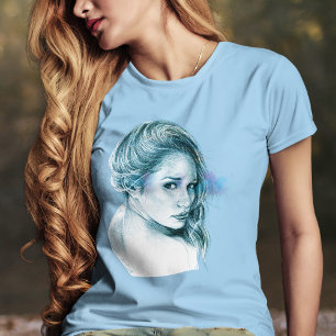 Camiseta Rapariga Retrato Belo Desenho Artístico Azul