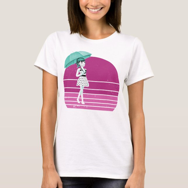 Camiseta Rapariga retrô com guarda-chuva e pôr do sol vinta (Frente)