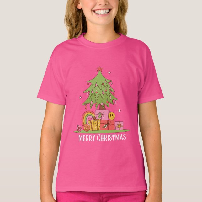 Camiseta Raparigas de Árvores de Natal retrógradas rosa (Frente)