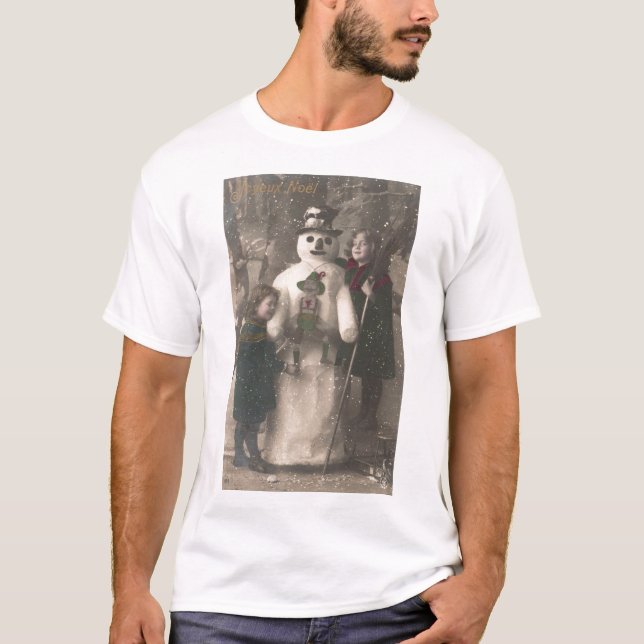 Camiseta Raparigas de Natal e Snowman Vintage Foto (Frente)
