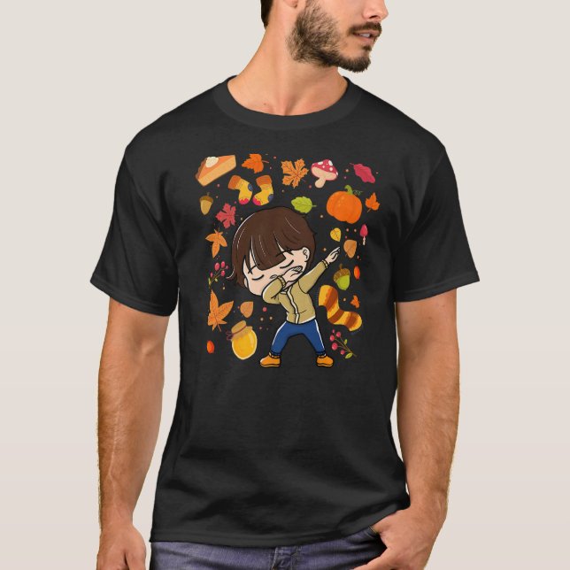 Camiseta Rapaz Dabbing Autumn Maple Pumpkin Fall Season (Frente)