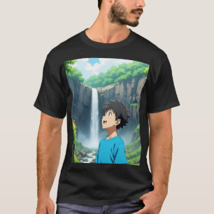Camiseta Rapaz de anime admirando uma cachoeira em uma bela