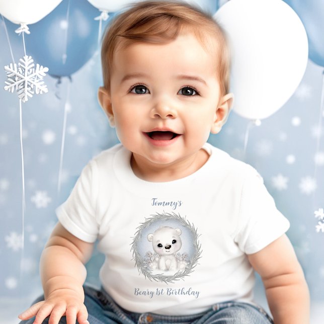 Camiseta Rapaz Polar primeiro aniversario de Beterraba (Winter Beary 1st Birthday Cute Polar Bear Boys' Baby T-Shir)