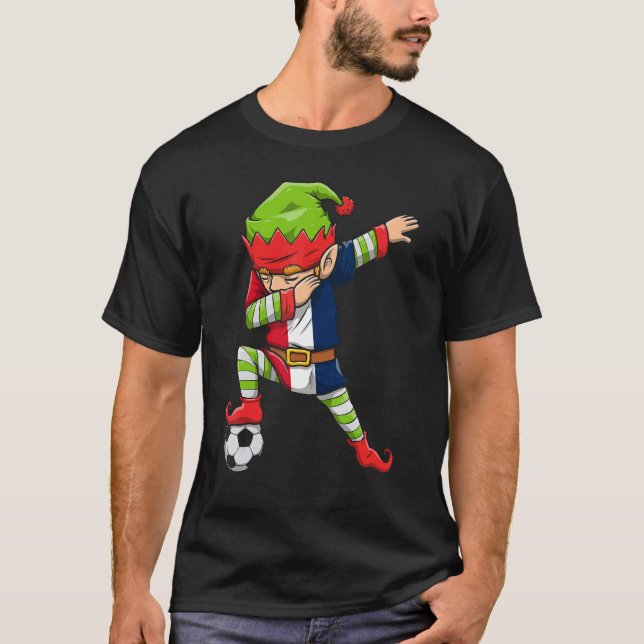 Camiseta Rapaz Soccer Dabbing Elf Squad Pé de Natal França (Frente)