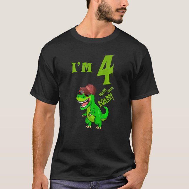 Camiseta Rapazes 4º Aniversário Rex Dinossaur Rawr Eu sou 4 (Frente)