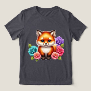Camiseta Raposa Adorável com Rosas Coloridas na Floresta