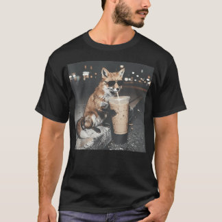 Camiseta Raposa Bebendo Café Gelado Animal Engraçado