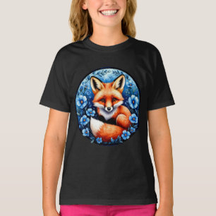 Camiseta Raposa Cercada por Flores Azuis