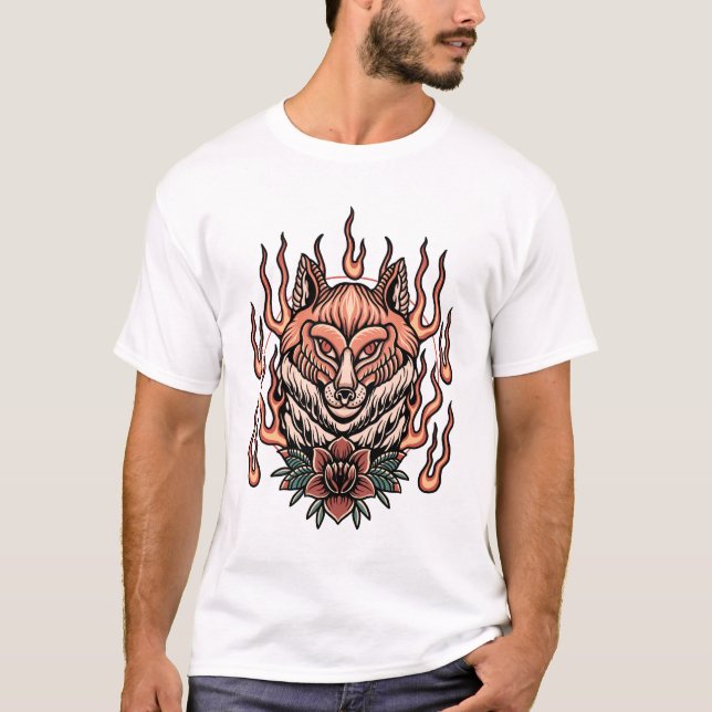 Camiseta Raposa chamadora com rosa tatuagem design (Frente)