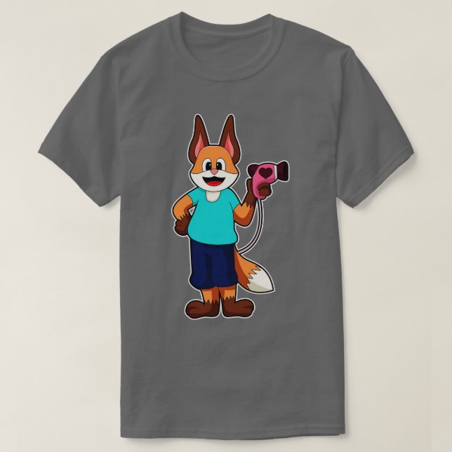 Camiseta Raposa como Cabeleireiro com Secador de Cabelo (Frente do Design)