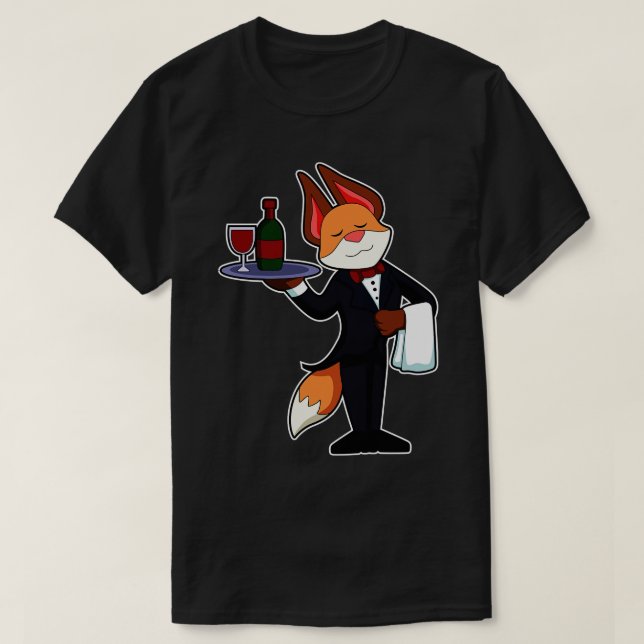 Camiseta Raposa como garçonete com Púltimo e vinho tinto (Frente do Design)