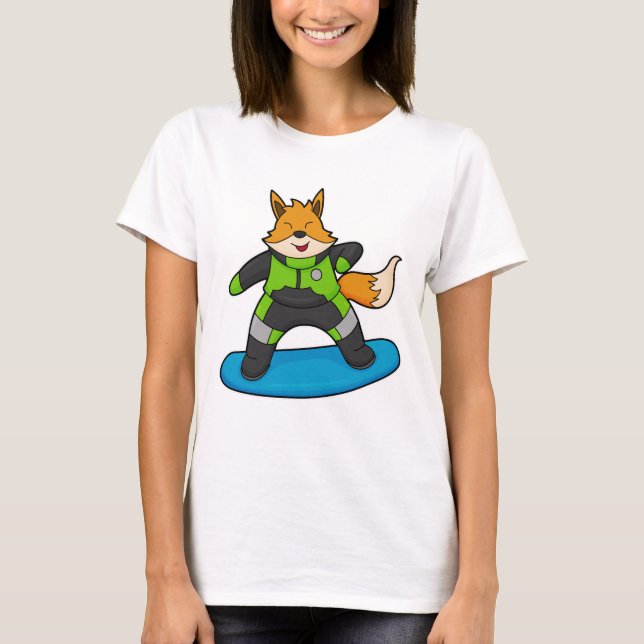 Camiseta Raposa como Snowboarder com Snowboard (Frente)