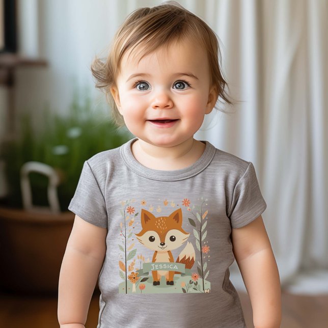 Camiseta Raposa-da-floresta, animais florestais, neutra em  (Woodland fox, gender neutral baby t-shirts. Personalized Name.)