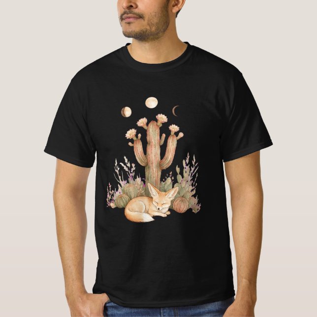 Camiseta Raposa do Deserto Boho Dormindo Sob Cacto Saguaro (Frente)