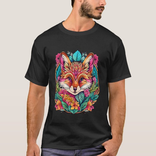 Camiseta Raposa Marrom com Grinalda de Folhas e Flores Colo (Frente)