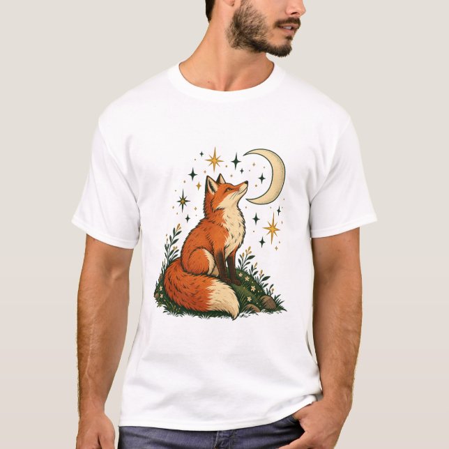 Camiseta Raposa olhando as estrelas Crescente Lua e Estrela (Frente)