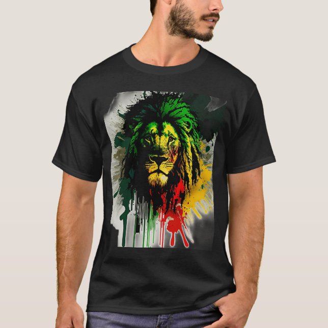 Camiseta Rasta Lion Na moda Rastafari Aquarela (Frente)