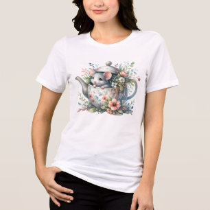 Camiseta Rato Bonito na Ilustração Floral do Bule de chá