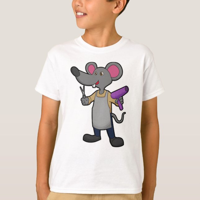 Camiseta Rato como cabeleireiro com tesoura e secador de ca (Frente)
