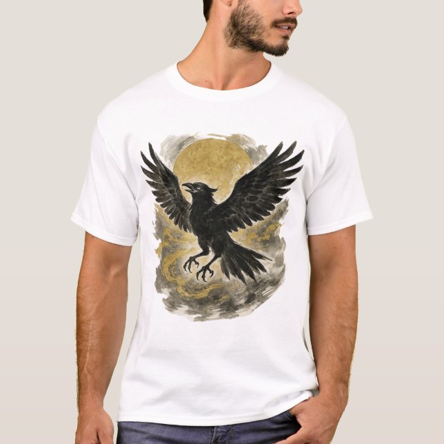 Camiseta 【Raven and Golden Moon Japanese Ink Art T-Shirt】 (Frente)