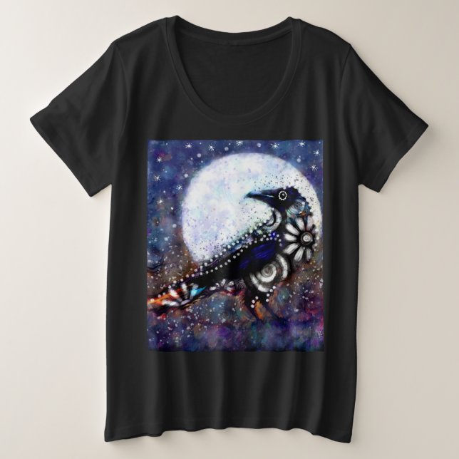 Camiseta Raven Moon Floral Preto Branco Branco (Frente do Design)