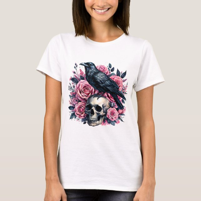 Camiseta Raven & Pink Roses – Gothic Skull Watercolor (Frente)