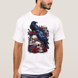 Camiseta Ravens e Rosas: Design de crânio gótico