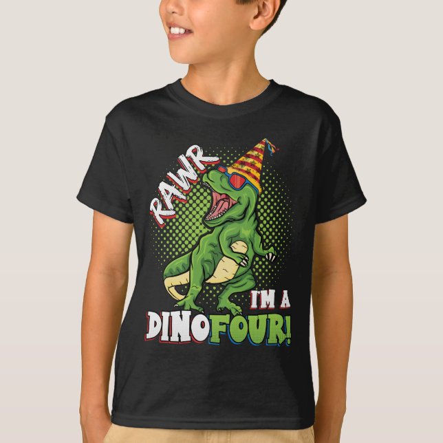 Camiseta Rawr Eu sou um Dinofour 4º aniversariante (Frente)
