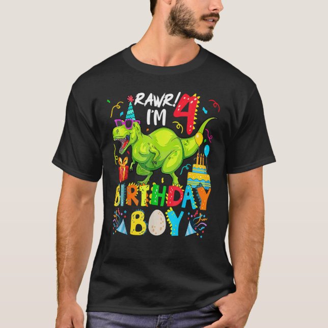 Camiseta Rawr I'm 4th Birthday Boy Dinosaur Rex 4 anos (Frente)