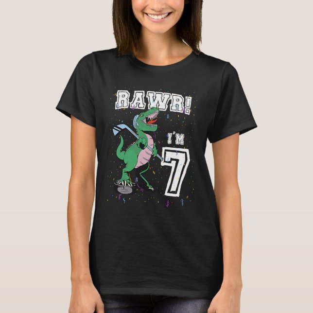 Camiseta Rawr I'm 7 Hockey Rex Dinossaur com Festa de anive (Frente)