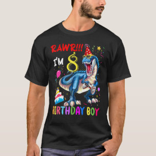 Camiseta Rawr I'm 8 Anos Aniversário Garoto Gamer Dinossaur